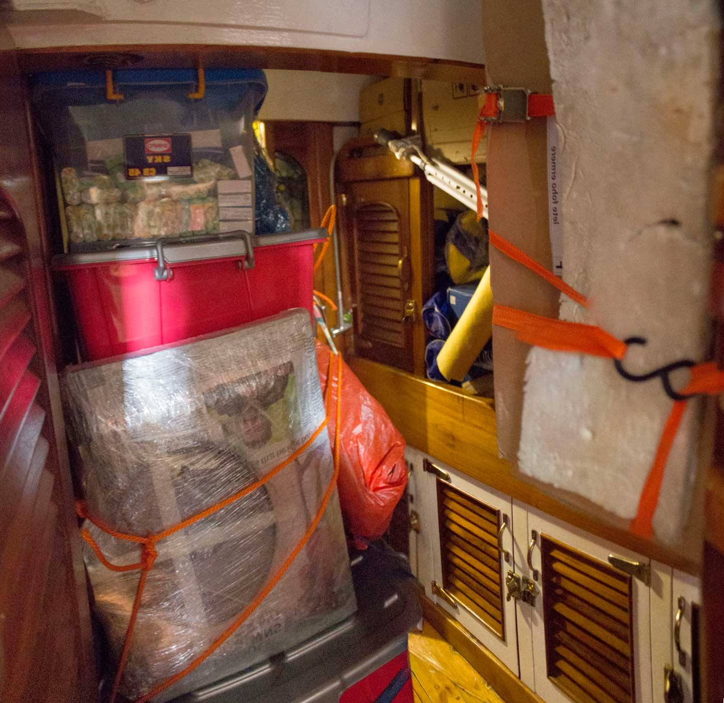 The port and starboard cabins are stuffed. All the toilets are packed also.