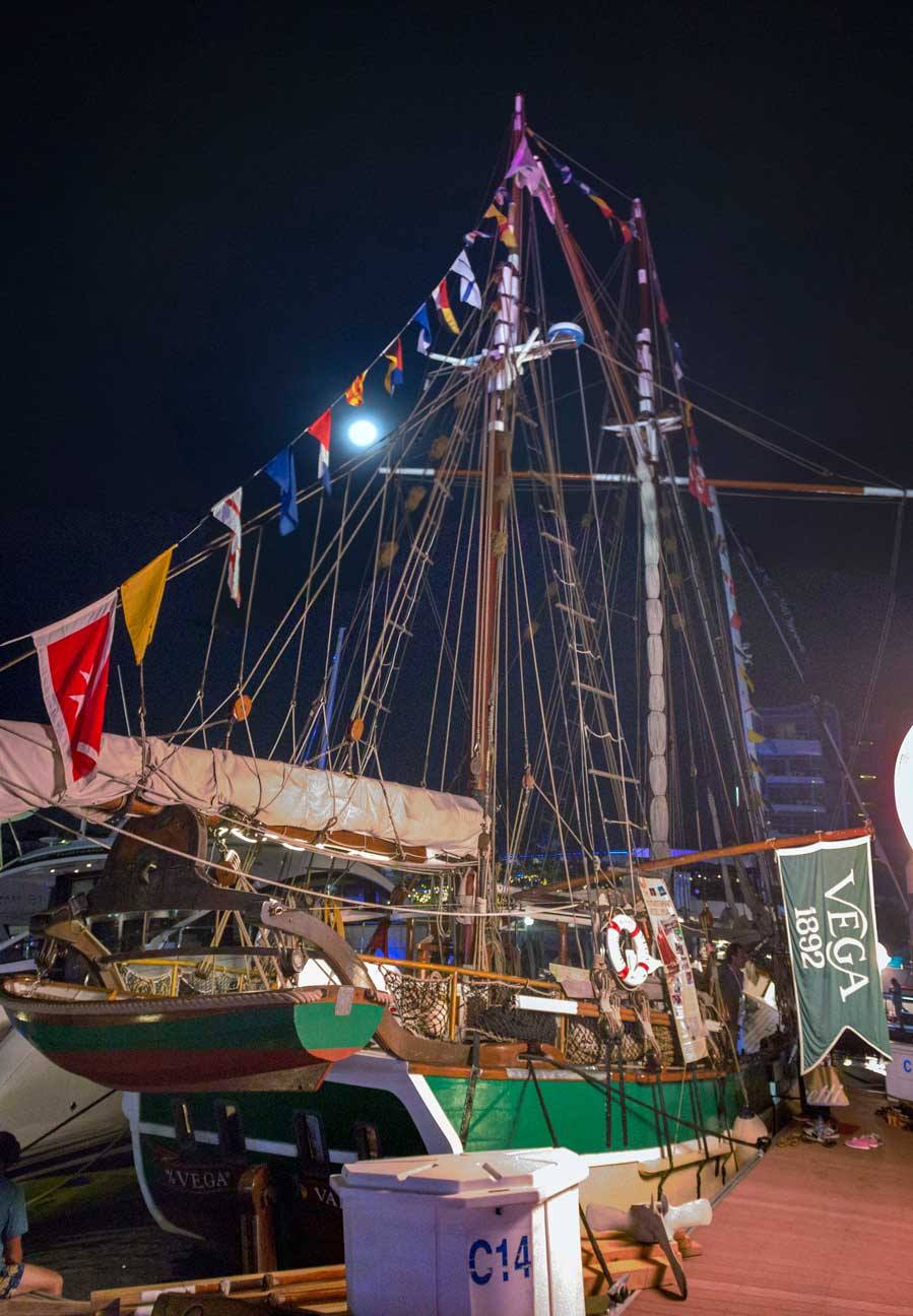 Historic Vessel Vega with all her flags out at the yacht show.